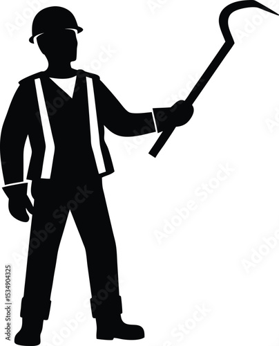 Construction Worker Holding crowbarSilhouette on white background	