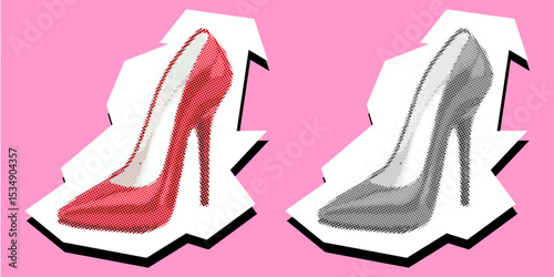 Highheels dotted collage element pointillize in paper torn vector for fashion, glamour, or artistic style. Ideal for design projects, beauty themes, or abstract visuals with a distressed paper effect.