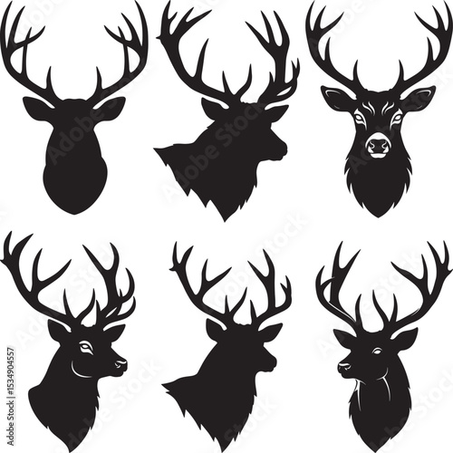 Six diverse deer head silhouettes with impressive antlers vector set