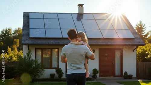 A father lovingly holds his daughter showcasing their home with newly installed solar panels a symbol of sustainable living and alternative energy saving resources