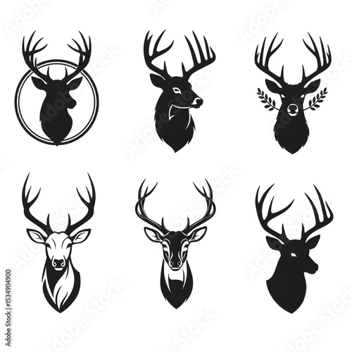 Six distinctive deer head illustrations with antlers and various styles vector set