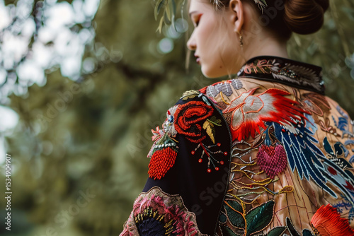 This piece fuses traditional embroidery art with modern fashion, creating a unique statement garment that blends heritage and contemporary style seamlessly