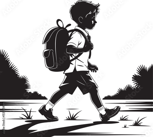 School Boy Walking Silhouette Backpack Kid Illustration

