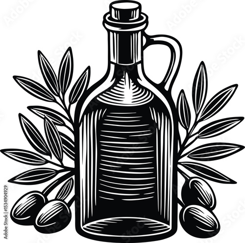 Vintage Olive Oil Bottle Illustration Black and White Design