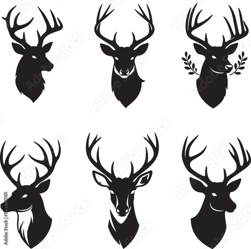 Six unique deer head silhouettes with antlers vector set photo
