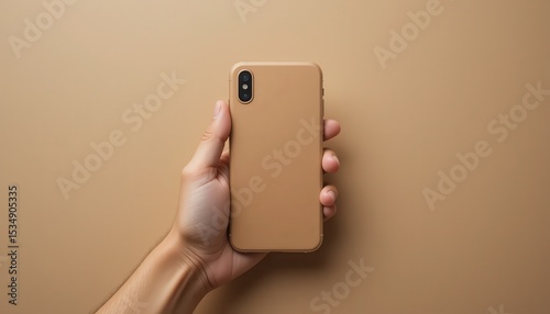 Wallpaper Mural Minimalist Tan Smartphone Mockup Hand Holding Beige Phone on Beige Background Torontodigital.ca