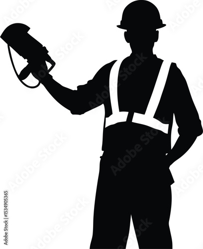 Construction Worker Holding electric-sander Silhouette on white background	