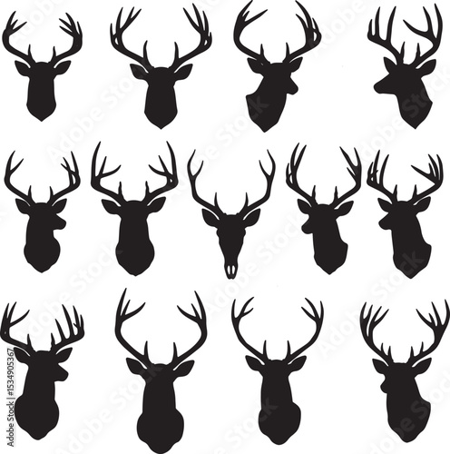 Sixteen diverse deer head silhouettes with antlers vector set