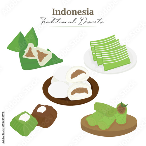 Set Indonesian Traditional Dessert, Set Indoenesian Food, Kue Basah Vector Illustration