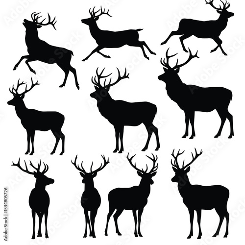 Ten deer buck silhouettes with various poses and antler designs vector set