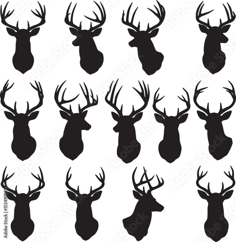 Thirteen deer head silhouettes with antlers vector set