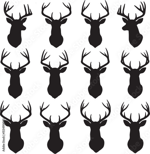 Twelve deer head silhouettes with varied antler designs vector set