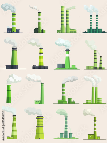 Vector Icon set Green factory icons with smoke showcasing industrial pollution and environmental impact. Vector Illustrations