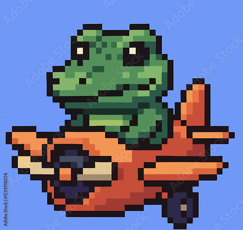 Pixelated Bombardiro Crocodilo Flying an Orange Airplane. Italian Brainrot Character. Vector Illustrations