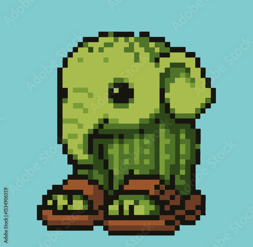 Liril Larila Pixel Art Creature in Sandals Green EightBit Design. Italian Brainrot Character. Vector Illustrations