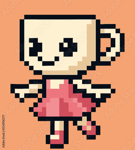 Pixelated Ballerina Cappucina with Pink Dress and Shoes Dancing with Joy. Italian Brainrot Character. Vector Illustrations