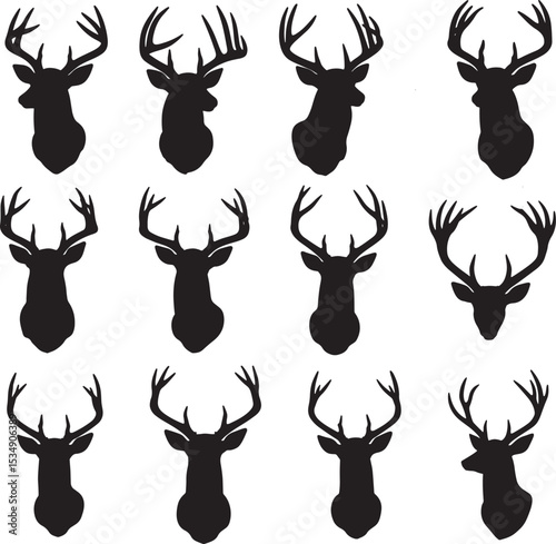 Twelve unique deer head silhouette with antlers vector set