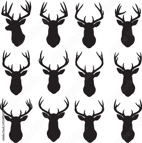 Twelve unique deer head silhouettes with antlers vector set