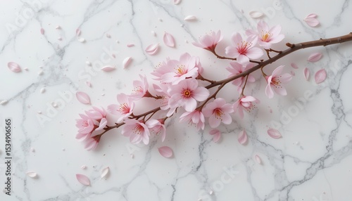 Delicate Pink Cherry Blossom Branch on Marble Background