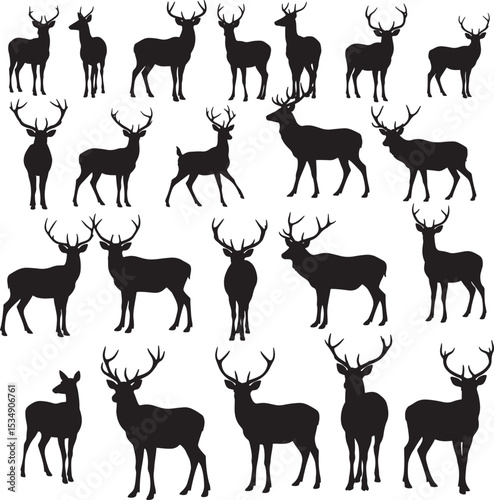 Twenty five different deer buck silhouettes in various natural poses with impressive antlers vector set