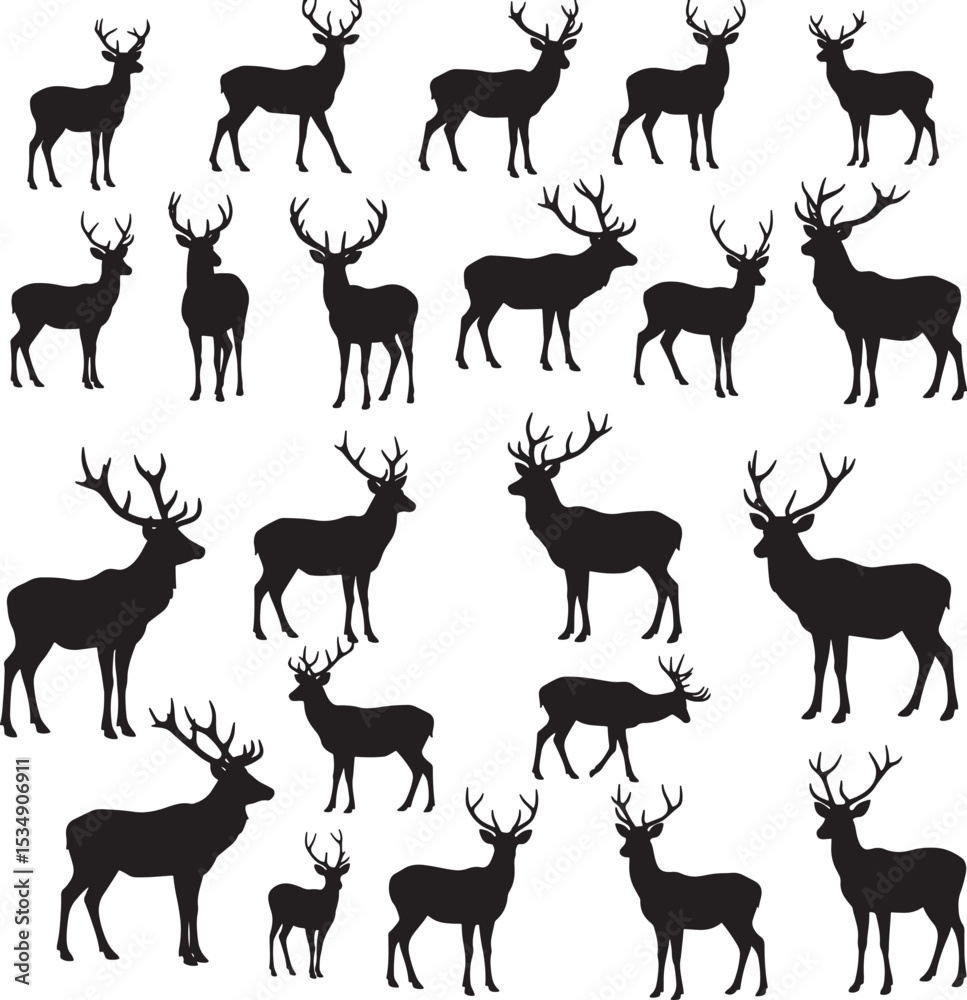 Naklejka premium Twenty four diverse deer buck and doe silhouettes in various natural poses with antlers vector set