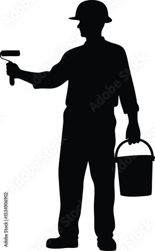 Construction Worker Holding Bucket Silhouette on white background	