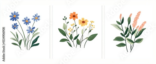 Three minimalist floral illustrations featuring blue, orange, and peach blossoms with green foliage