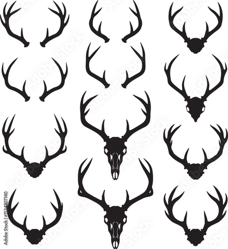 Various deer antlers and skull silhouettes vector set for hunting and decor