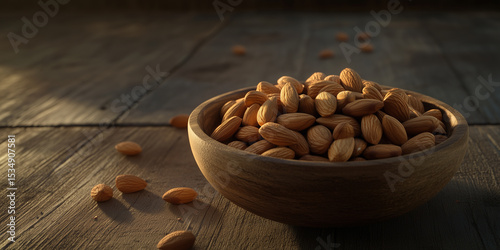 Realistic almonds with natural wood texture