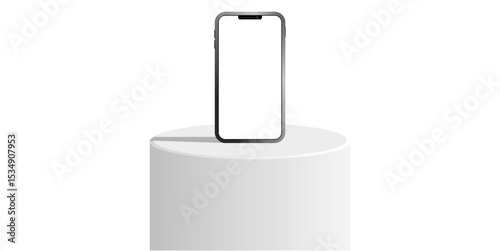 Cylinder white podium stage pedestal and platform with blank smartphone display mockup. Ideal for mobile product showcase, app design preview, or digital device marketing presentation.