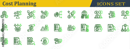 Cost Planning Icon Set. Containing Audit,Budget,Compensation,Cost Management,Cost,Depreciation,Expense,Funding,Income,Investor,Loan,Negotiation,Profit Growth,Return,Saving. Outline Gradient Style