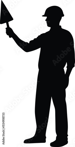 Construction Worker Holding trowel Silhouette on white background	