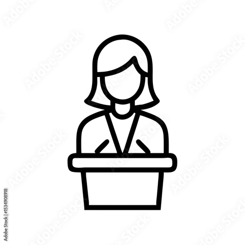 Female Speaker at Podium Outline Icon – Woman Giving Presentation Line Art