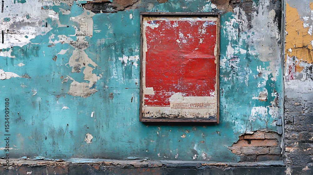 Fototapeta premium Weathered Wall with Peeling Paint and Red Poster
