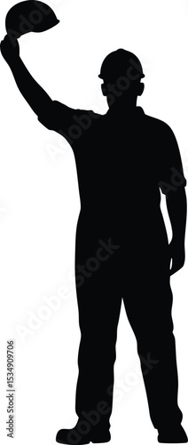 Construction Worker Holding safety-helmet Silhouette on white background	