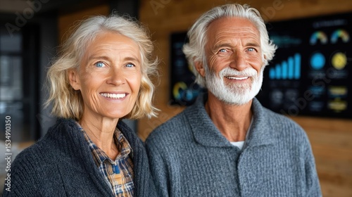 Retirement savings automation and analysis for planning concept. Smiling elderly couple enjoying their time together indoors.