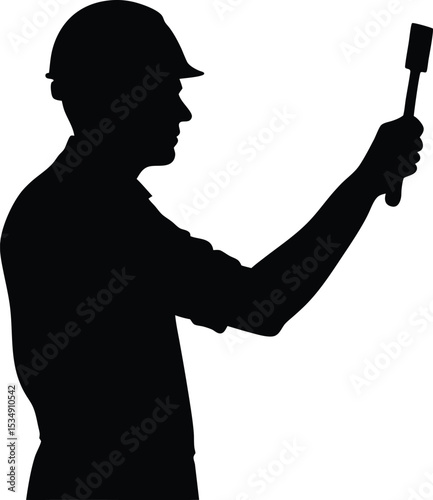 Construction Worker Holding chisel Silhouette on white background	