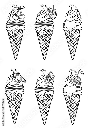 Two scoop ice cream cone with various fruit flavors