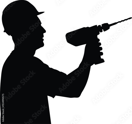 Construction Worker Holding power-drill Silhouette on white background	