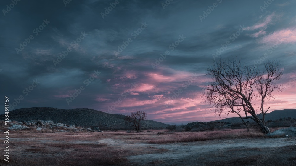 Obraz premium Mountain landscape with colorful sky during sunrise or sunset.