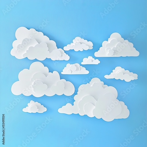 Whimsical paper clouds against a light blue sky
