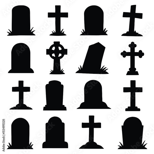 Grave stones and crosses silhouettes isolated on white background