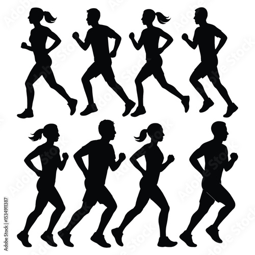 Silhouettes of men and women running isolated on white background