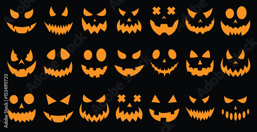 Halloween face silhouette sticker Scary halloween pumpkins icon set Scary and funny pumpkin
