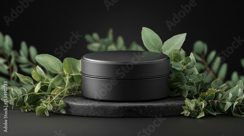 Black matte circular jar mockup with green leaves background for advertising. photo