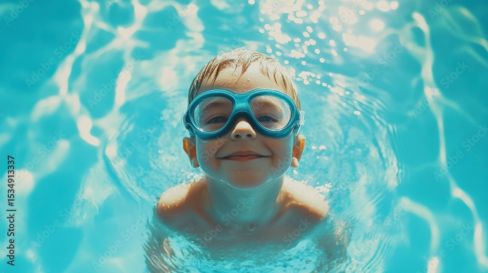 Fototapeta premium Happy child in swimming goggles in a pool.