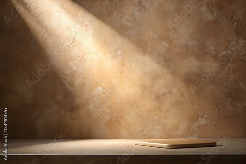 Warm Spotlight on Closed Notebook – Minimal Workspace Concept with Rustic Wall Texture photo