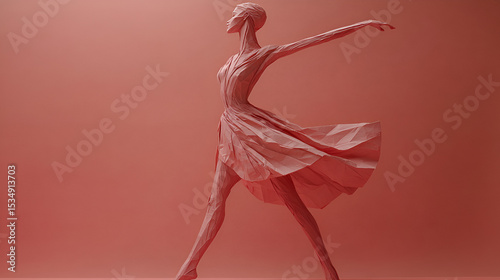 A monochromatic pink origami ballerina strikes a graceful pose with a swirling skirt embodying elegance delicate paper artistry refined movement and expressive visual creativity