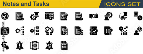 Notes and Tasks Icon Set. Containing Checklist,Deadline,Delay,Notification,Organize,Priority,Progress,Reschedule,Subtask,Task Completed,To Do List. Solid Style
