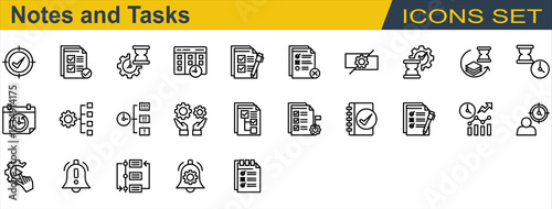 Notes and Tasks Icon Set. Containing Checklist,Deadline,Delay,Notification,Organize,Priority,Progress,Reschedule,Subtask,Task Completed,To Do List. Outline Style
